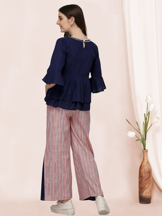 Daily Wear Navy Blue Pleated Peplum Top With Strip Palazzo Pant
