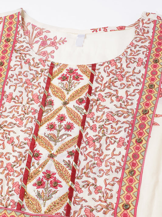 Off-white printed pure cotton kurta with  pant &dupatta set